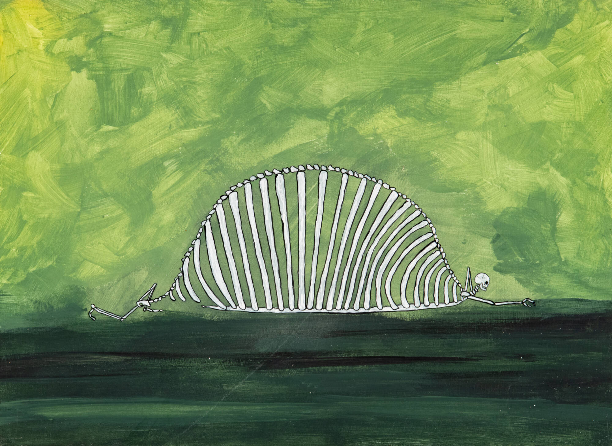 Green background. Human skeleton laying face down. He has huge, semi circle ribs.